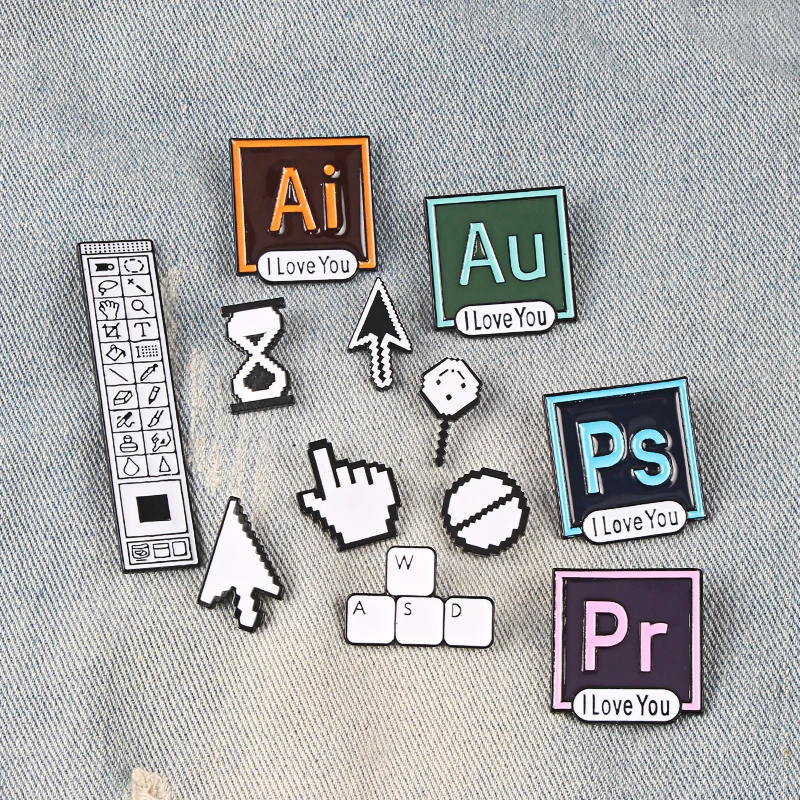 

Fashion Cartoon Pixel Cursor Brooches PS Pr AI Photoshop Toolbar keyboard Hourglass Computer Mouse Pointer Hand arrow Enamel Pin