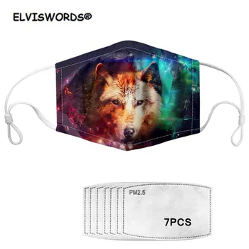 

ELVISWORDS Mask with 7pcs Filters mascarilla Cool 3D Animal Wolf Pattern Reusable Washable Unisex Face Mask Mouth Cover Masks