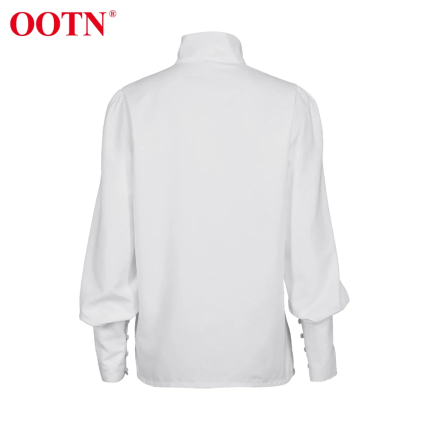 OOTN Elegant Turtleneck Blouse Long Sleeve White Shirt Office Ladies Top Casual Solid Single-Breasted Puff Sleeve Womens Blouses