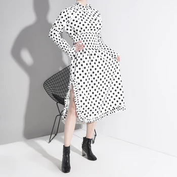 

Women Spring Autumn 2020 New Style Elegant Temperament Polka Dot Waist Split Dress Stand Collar Long Sleeve Split Slim Dress