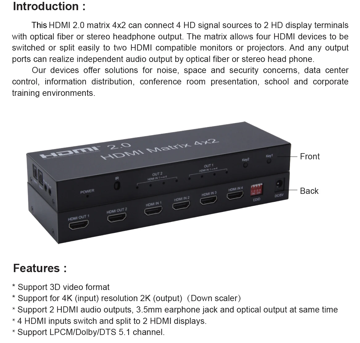 HDMI 2,0 True Matrix Scaler 4x2 4K 60 Гц HDMI видео переключатель сплиттер конвертер Поддержка двойной аудио выход оптический и стерео EDID 3D