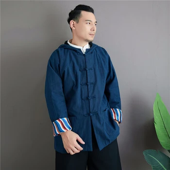 

Hisenky Winter Chinese Traditional Parkas Flax Men Fleece Hooded Coat Outwear Vintage Ethnic Casual Jackets Thick Warm Overcoat