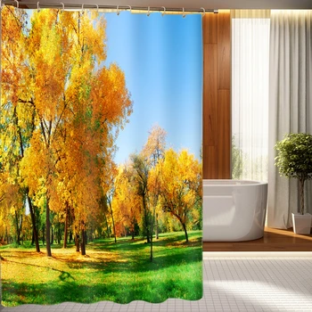 

Upscale 3d Shower Curtain Autumn Maple Trees Landscape Pattern Waterproof Thickened Fabric Bathroom Curtain Customizable BE-033