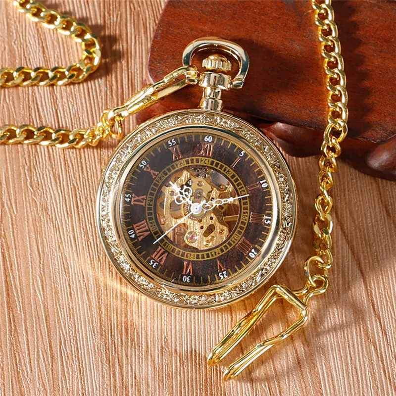 Luxury Yellow Gold Pocket Watch Unisex Handwind Mechanical Watches Skeleton Clock Open Face with Pendant Chain Relgio De Bolso
