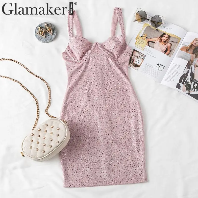 Glamaker, трикотажное, инкрустированное бриллиантами, на тонких бретелях, облегающее платье, женское, высокая талия, мини-платье, женское, Осень-зима, сексуальное платье - Цвет: Light Pink