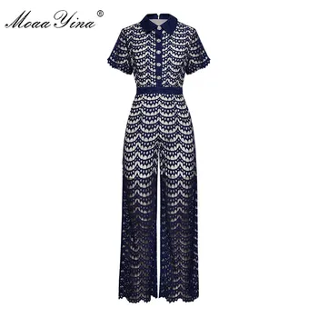 

MoaaYina Spring Summer Designer Jumpsuits Women's Turn-down collar Short sleeve Lace Elegant Jumpsuits