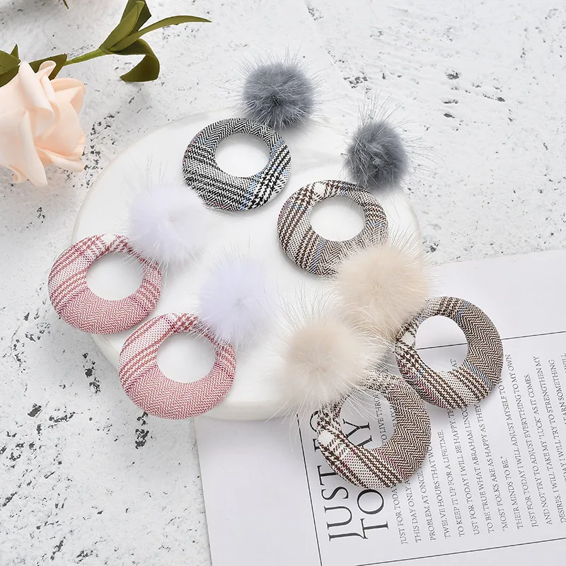 ZG Mink Hair Ball Plaid Round Circle Cute Autumn Fall Winter New Women Girl Stud Earrings Korean Japan Fashion Jewelry