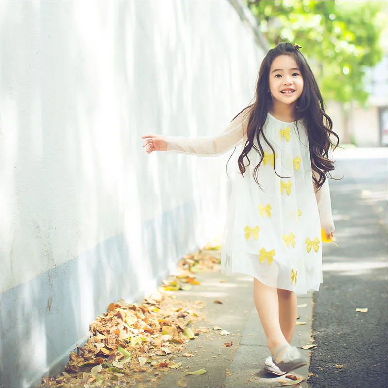 

Tk17395dr Girls' Shirt Spring And Autumn Romantic Golden Bow Embroidered Gauze White Dress