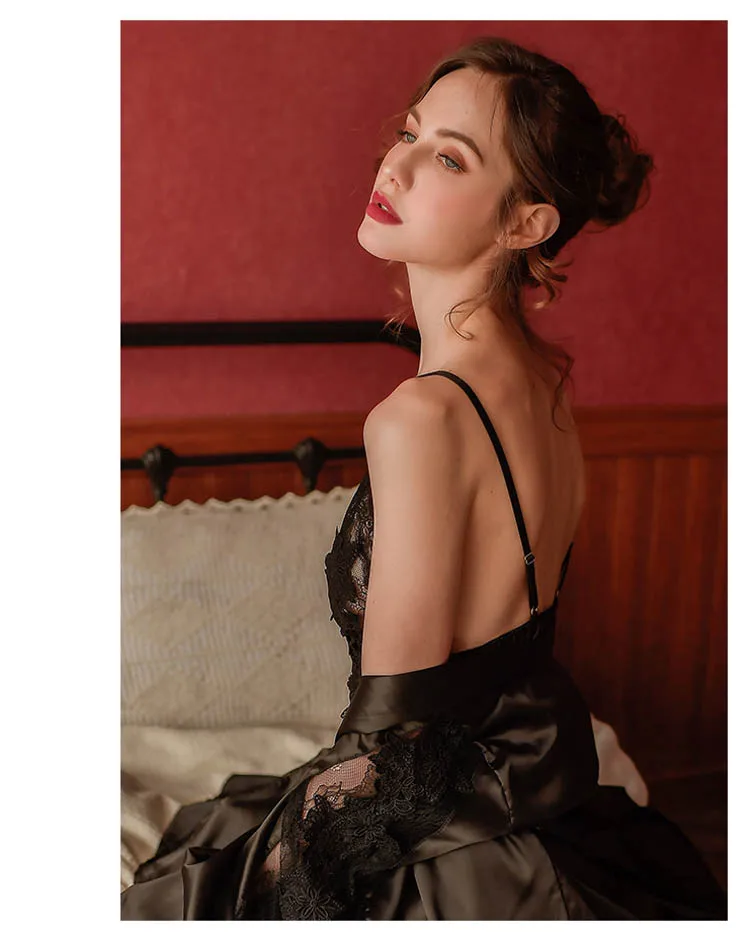 CINOON 3Pcs Women Sexy Silk Nightgown Embroidery Lace Bath Gown Nightdress Summer Sleepwear Wedding Night Dress Robe With Belt (5)