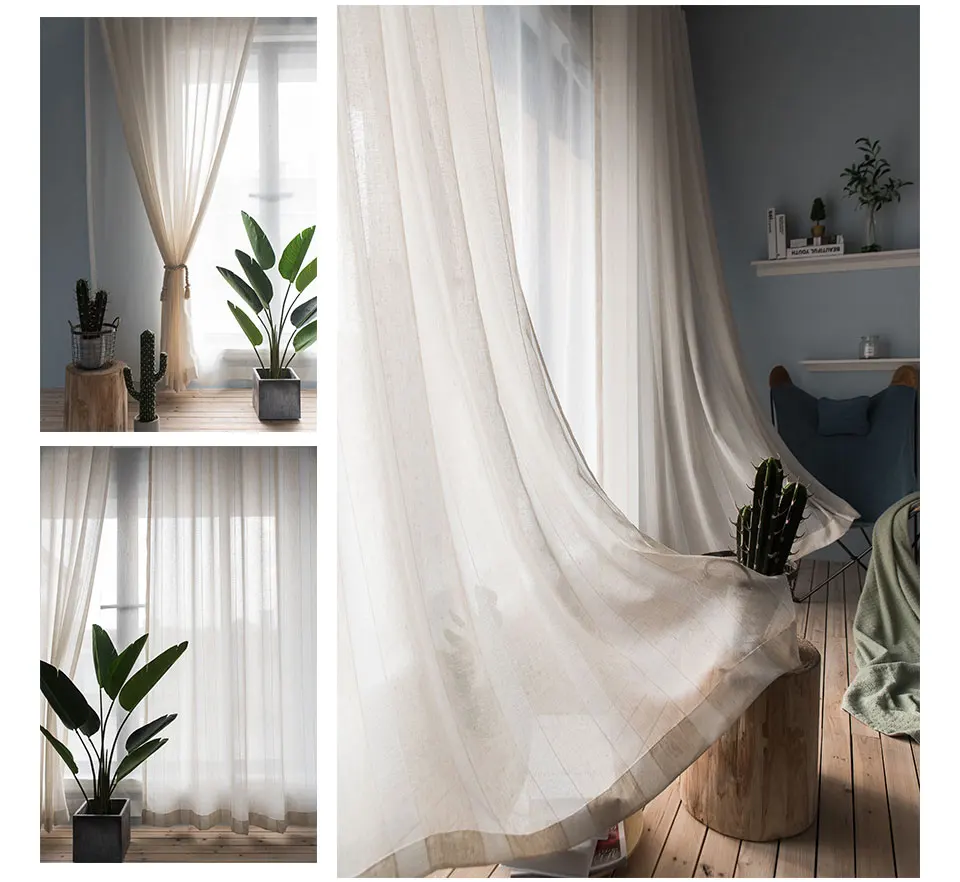 Beige Linen Stripe Sheer Tulle Curtains For Living Room Modern Curtains For Bedroom Window Voile Custom Curtains