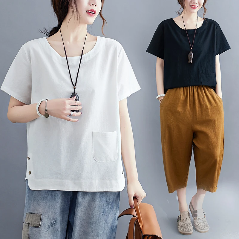 Vintage Pocket Front Plus Size Cotton Linen Top Women Summer Casual Loose Black White Yellow Navy Blouse Shirt Female 2