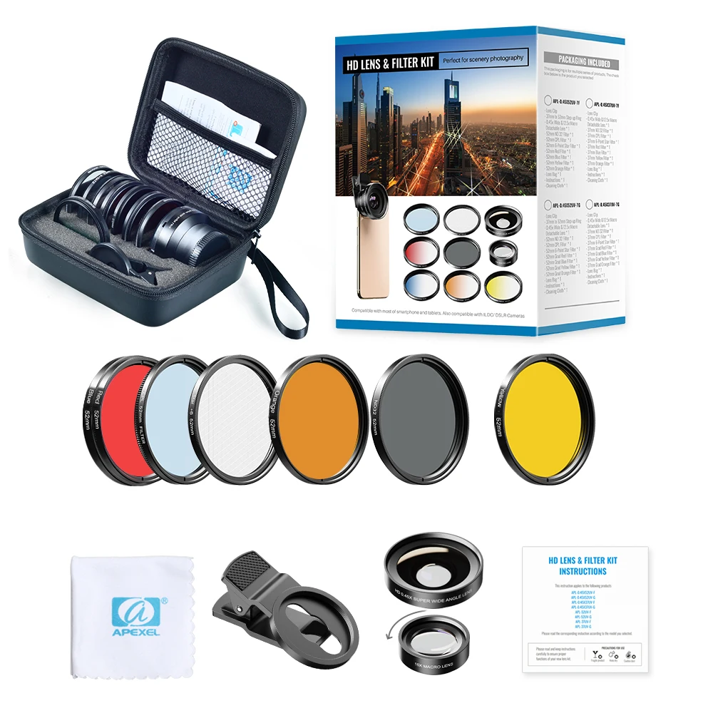 7 filters wide macro APEXEL комплект объективов камеры 0.45x Широкий+ 52 мм УФ полный синий красный цветной фильтр+ CPL ND32+ Звездные Фильтры для Nikon Canon EOS iPhone все телефоны - Цвет: 7 filters wide macro
