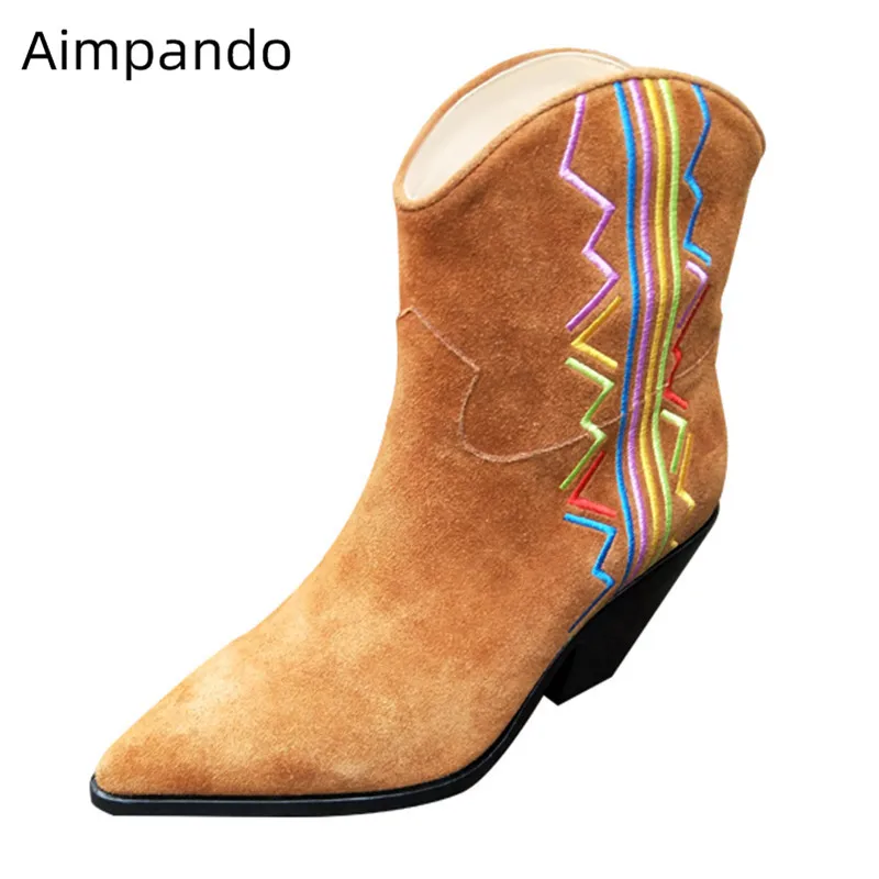 

Casual British Boots Women Embroidery Lines Pointy Toe Med Cone Heel Party Bottes Solid Suede Retro Old Colors Ankle Boots
