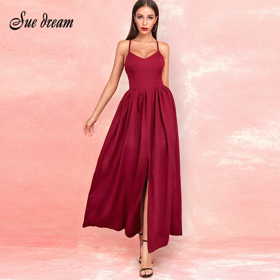

2019 Summer New Women'S Fashion Sexy Solid Color Wine Red Dress A-Line V-Neck Halter Bodycon Club Party Dress