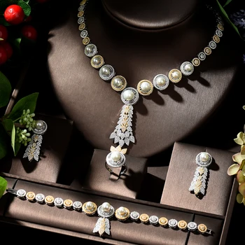 

HIBRIDE Beauty Nigeria 2 Tones CZ Crystal Wedding Bridal Jewelry Sets for Wedding Accessories Jewelry Necklace Bangle SetsN-1297