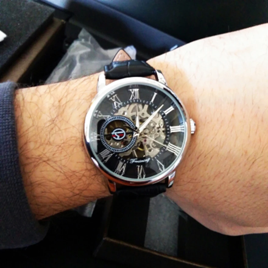 Forsining мужские часы Роскошные Механические часы со скелетом черный Золотой 3D Дизайн римские цифры черный прозрачный циферблат часы Reloj