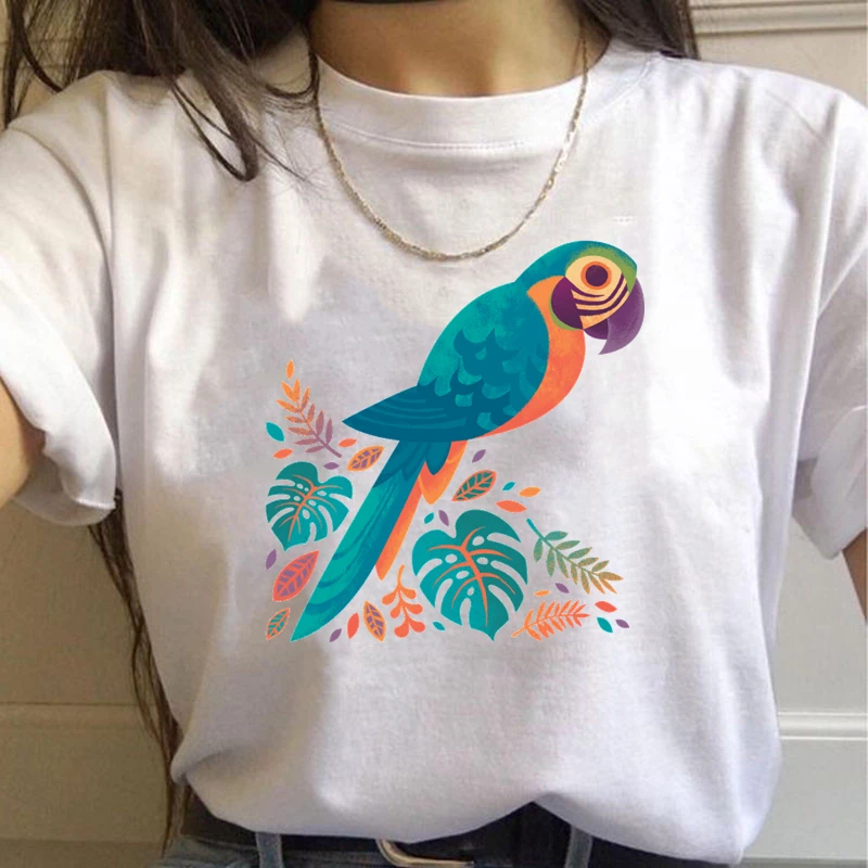 

Parrot Print Women t shirt Plus Size kawaii t-shirt Ladies Short Sleeve White Tee Shirt Tops Camisetas Mujer HH1157