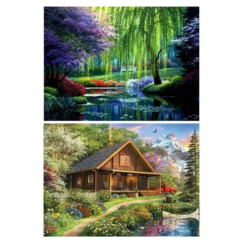 

2 Set Full Diamond DIY 5D Diamond Painting Embroidery Cross Stitch Art Kit, River Landscape Tree & Village House