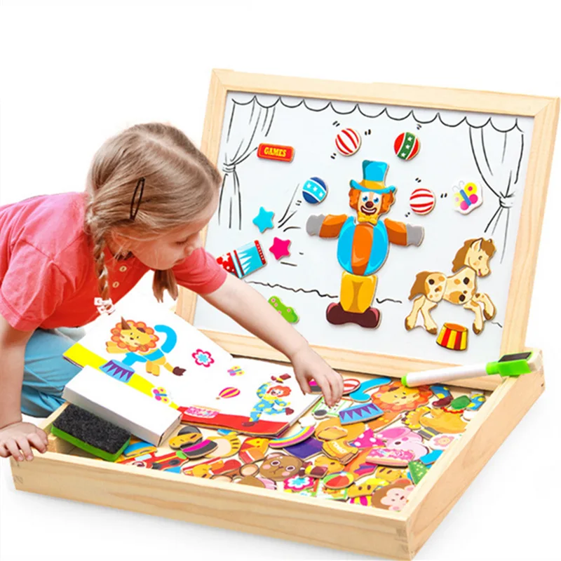 

100+PCS Wooden Magnetic Puzzle Figure/Animals/ Vehicle /Circus Drawing Board 5 styles Box Educational Toy Gift