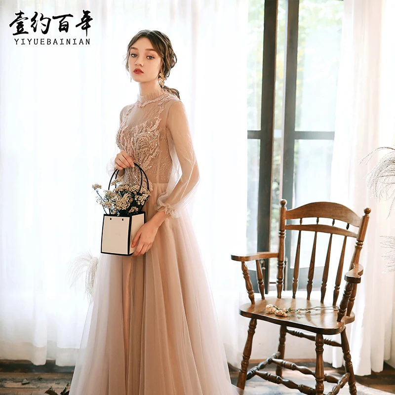 SSYFashion/Новинка; вечернее платье цвета шампанского с длинным рукавом и высоким горлом; длинное вечернее платье с блестками и аппликацией; Vestidos De Noche - Цвет: champagne