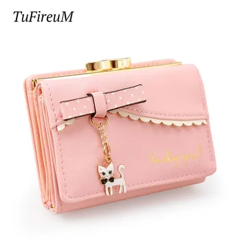 

Hot Sale offer Ladies Short Cute Wallet New Mini Cat Pendant Women Purse PU Leather Fashion Brand Girl Metal Money clip