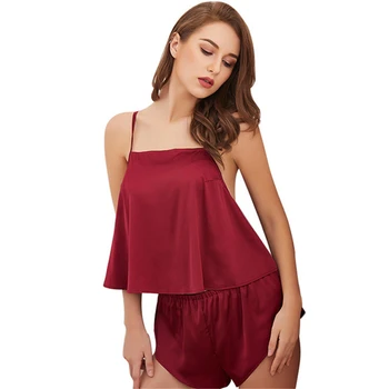 

Set sexy pajamas European and American style solid color ice silk sling shorts home wear casual noble attractive night sleepwear