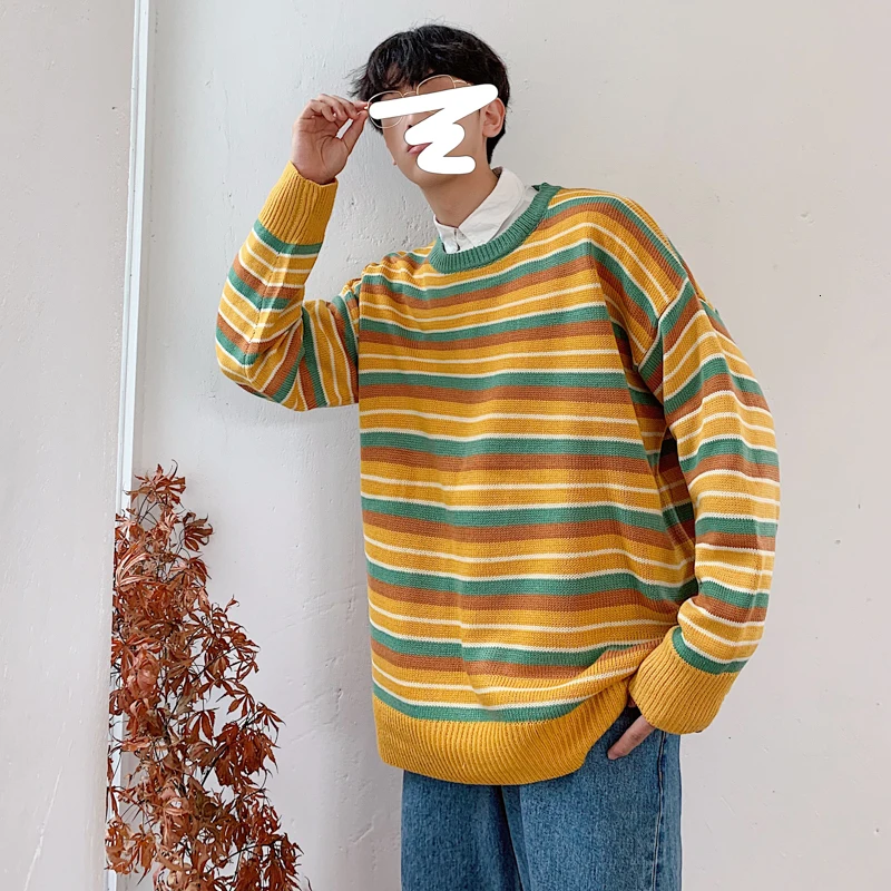 

Winter Thick Sweater Men Warm Fashion Contrast Color Casual Knit Pullover Men Streetwear Wild Loose Striped Sweter Male Clothes