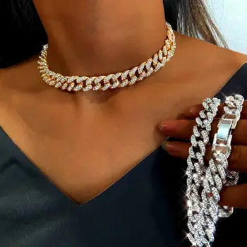 

Flatfoosie Bling Iced Out 12mm Miami Cuban Link Chain Choker Necklace Women Luxury Rhinestone Necklaces Hip Hop Fashion Jewelry