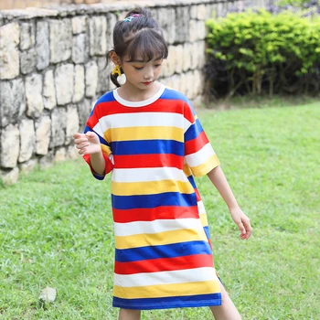 

New 2020 Summer Girls Dresses Loose Casual Baby Stripe Dress Kids Cotton Dresses for Girls toddler Children Rainbow Dress, #9024