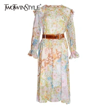 TWOTWINSTYLE комплект из двух предметов с цветочным принтом и рюшами для женщин, с О-образным вырезом и расклешенными рукавами, с высокой талией и поясом, женские костюмы, осенняя мода