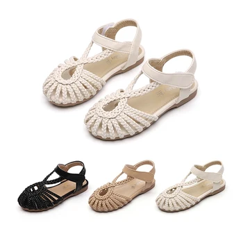 

Vintange Weave Solid Girl's Sandals Closed Toe Sandals for Girl Kids Baby Flat Girls Sandals Summer Kids Shoes 21-30