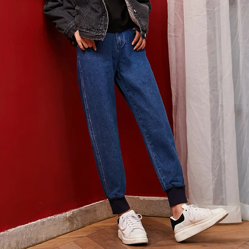 LEIJIJEANS, новинка, большие размеры, женские, не эластичные, высокая талия, плюс бархат, девять точек, джинсы, ноги, свободные, повседневные, темно-синие, женские джинсы