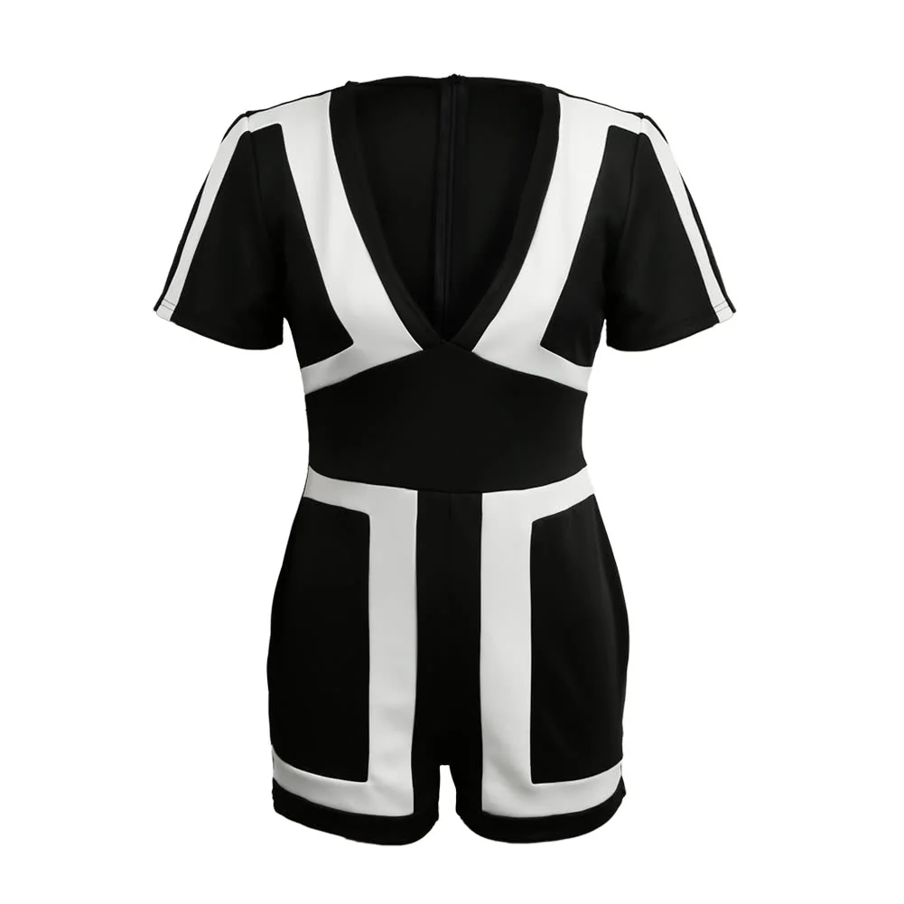 

Women Jumpsuit Contrast Color-block Splicing Plunge V Neck Back Zipper Short Sleeve Playsuit Rompers Black/White
