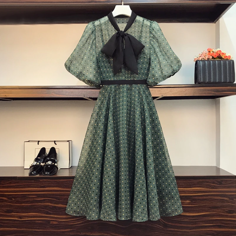 

EHQAXIN Women Vintage Polka Dot Green Dress Summer 2021 Bowknot Collar Puff Sleeve High Waist Loose Korean Long Dress