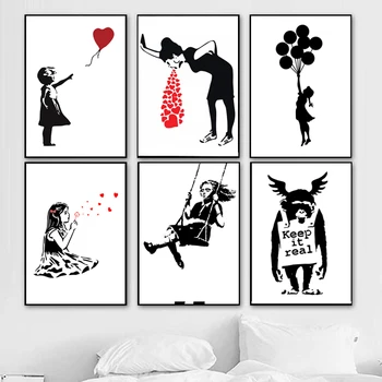 

Banksy Graffiti Art Collection Canvas Painting Girl With Red Balloon Black White Wall Art Poster Nordic Living Room Home Decor