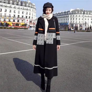 

2019 New Women Woolen Coat Autumn Winter Large Size Long Woolen Jacket Female Stitching Contrast Color Plaid Outerwear XIN174