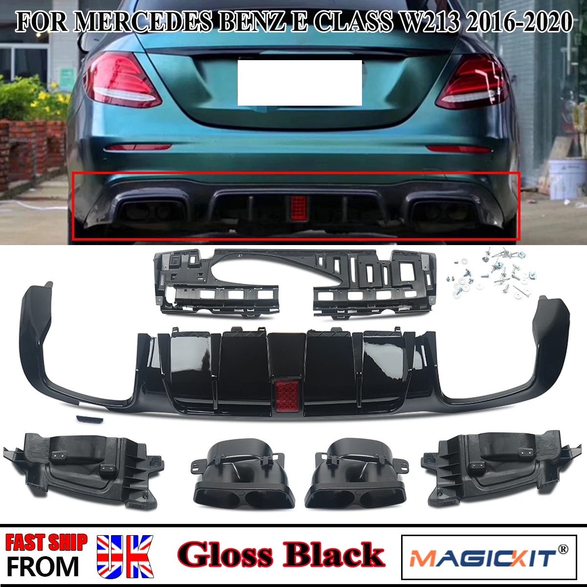 MagicKit для MERCEDES E CLASS W213 16-20 BRABUS глянцевый черный задний диффузор + задние трубы |