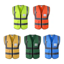 Chaleco de seguridad frontal con cremallera de alta visibilidad Multi bolsillos con tiras reflectantes, Premium, 3 tamaños 5 colores opcionales