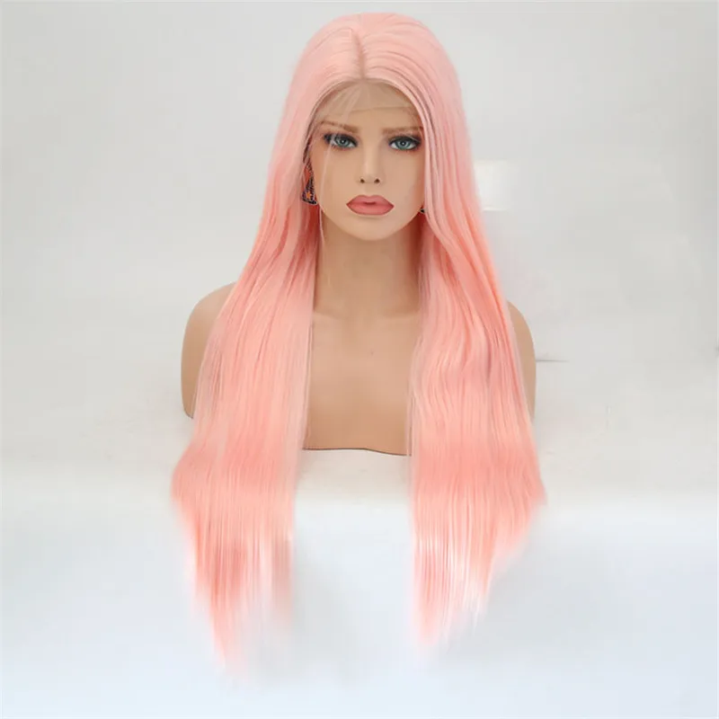 

RONGDUOYI Light Pink Lace Wigs for Women with Side Part Long Silky Straight Synthetic Lace Front Wig Cosplay Heat Fiber Hair Wig