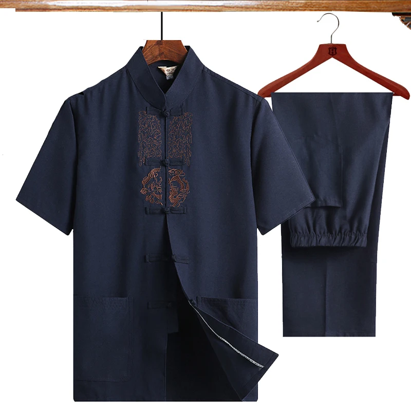 navyblue 1 Высокое качество Новая китайская мужская одежда с вышивкой из хлопка и льна Wu Shu рубашка с длинными рукавами и штаны костюм Кунг фу Тай Чи - Цвет: navyblue 1