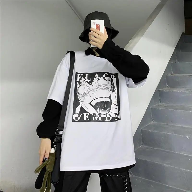 Woherb Harajuku футболка Femme Весенняя осенняя одежда японский мультяшный принт поддельные две части футболка с длинным рукавом Уличная одежда
