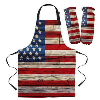 

Apron Kit American Flag Kitchen Bib Oven Mitts for Cooking Gardening Woman Kids Aprons Cuff Baking Accessories