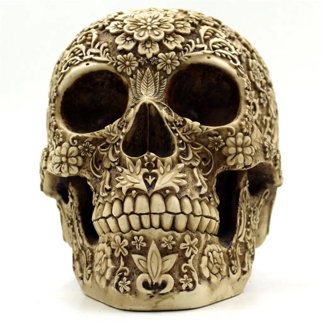 

Vintage Resin Skull Statue Carved Flowers Home Decor Office Desk Ornament Creative Gift
