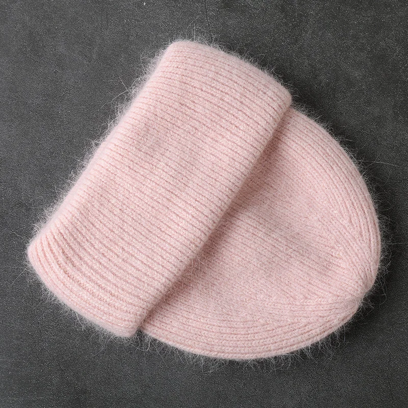 Winter Real Rabbit Fur Knitted Beanies For Women Fashion Solid Warm Cashmere Wool Skullies Beanies Female Three Fold Thick Hats