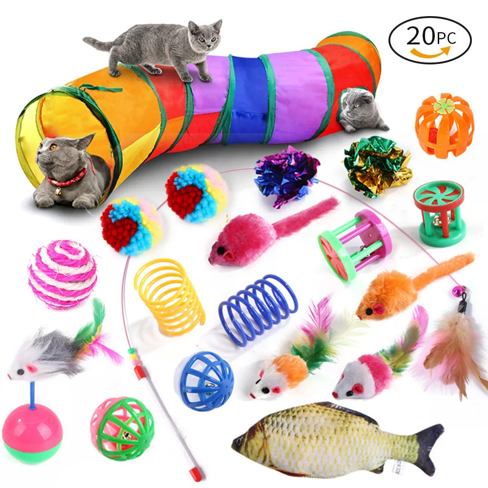 The New Super Worthy Multi-piece Variety Combination Set Cat Toy Fish Mouse Ball  Tunnel Funny Cat Stick Plush Bell Kitten Toy 