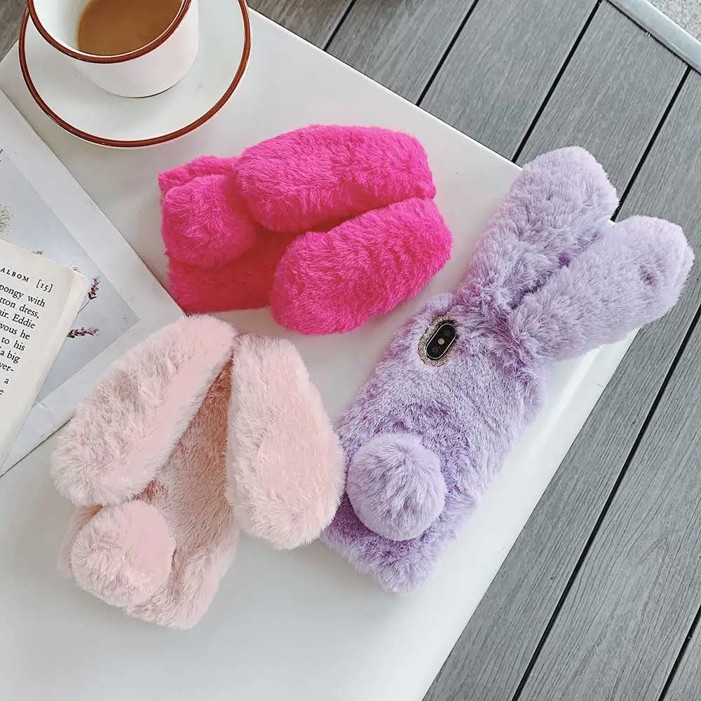 

New winter phone case for iphone 11 Pro MAX xs max x xr plush rabbit ears Silicone cover capa for iphone 5 5s SE 7 6 6s 8 plus furry soft Case