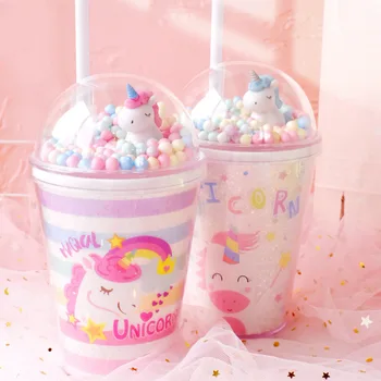 

380ml Double Layer Dream Unicorn Water Bottle Cup with Straw Cartoon Plastic Water Cup Cute Kids Girls Kawaii Bottles Flask