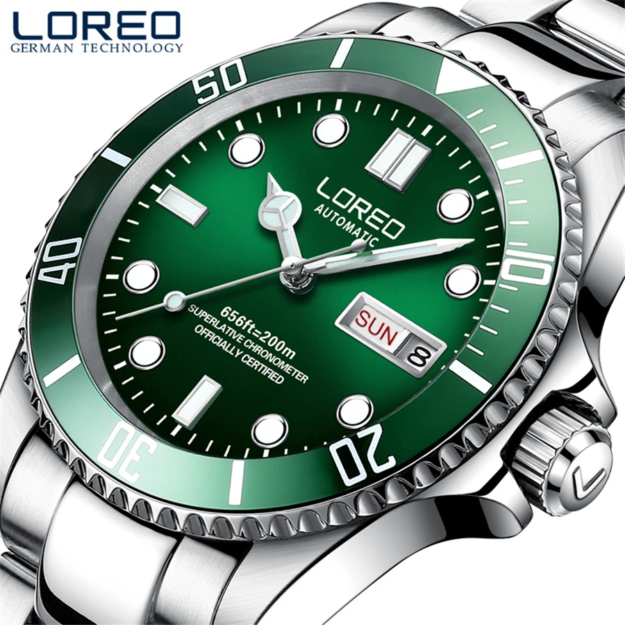 Skup 200m wodoodporna Submariner zegarek luksusowej marki LOREO zegarek automatyczne podwójne kalendarz Sapphire Luminous Sport zegarki mechaniczne