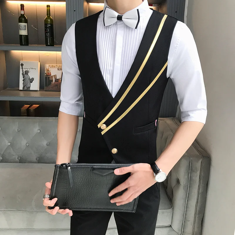 Dress Vests Business Casual Suit Vest for Men Formal Single Breasted Bar Waiter Work Uniform Nightclub Slim Fit Wedding Black