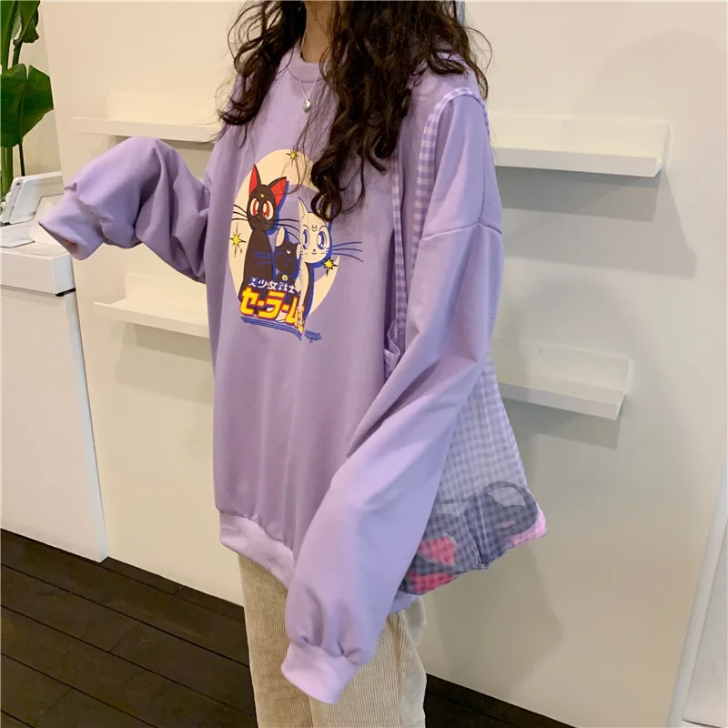 Милый Пуловер с круглым вырезом и рисунком Сейлор Мун, женская фиолетовая тонкая Толстовка с длинным рукавом, толстовки, женская одежда Kawaii